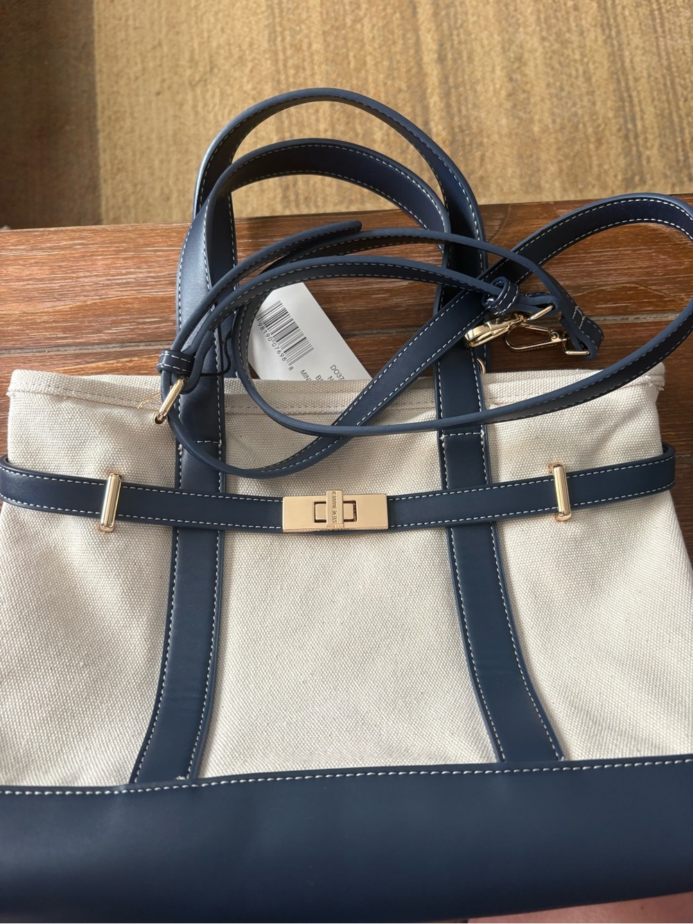 Steve Madden Cream Canvas and Navy Leather Tote with Gold Hardware